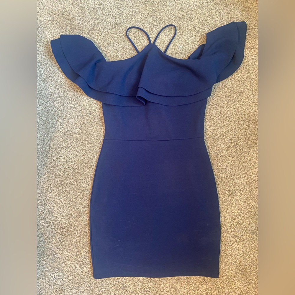 Fancy navy off-shoulder dress with wrap around neck, size small